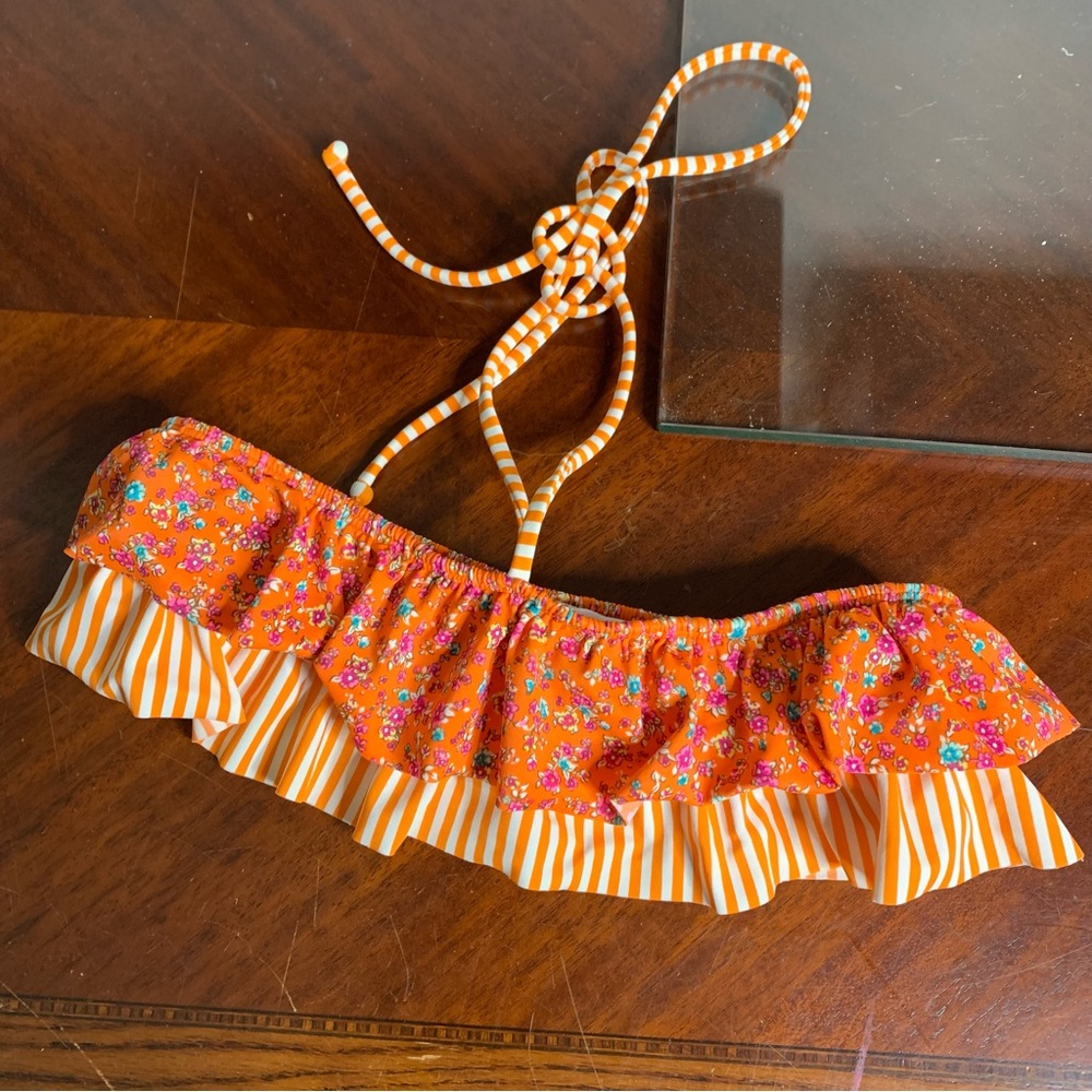 Double Ruffle Floral Striped Bikini Top